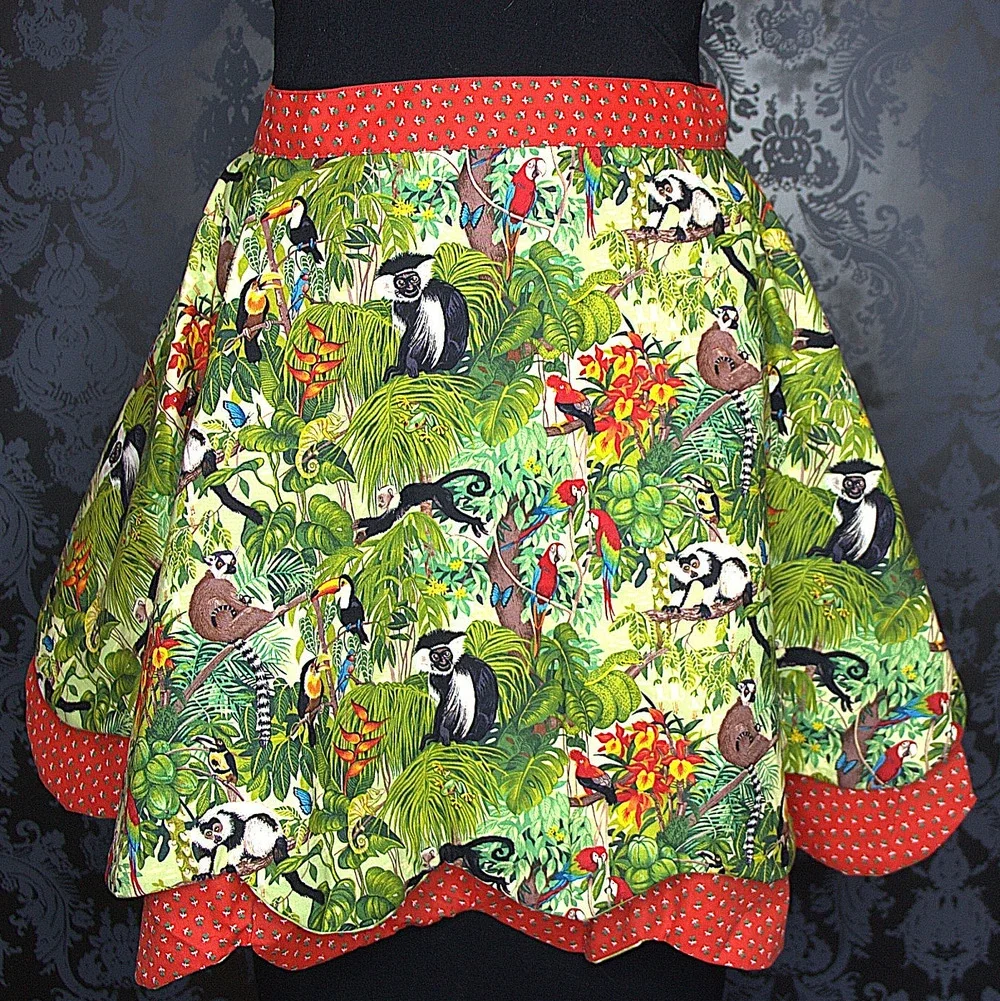 50s Pin Up Style Handmade Apron Red Polka Dot Jungle Theme Tie One Of A Kind